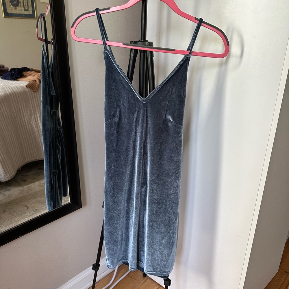 blue grey velvet body con mini dress v neck lace up back